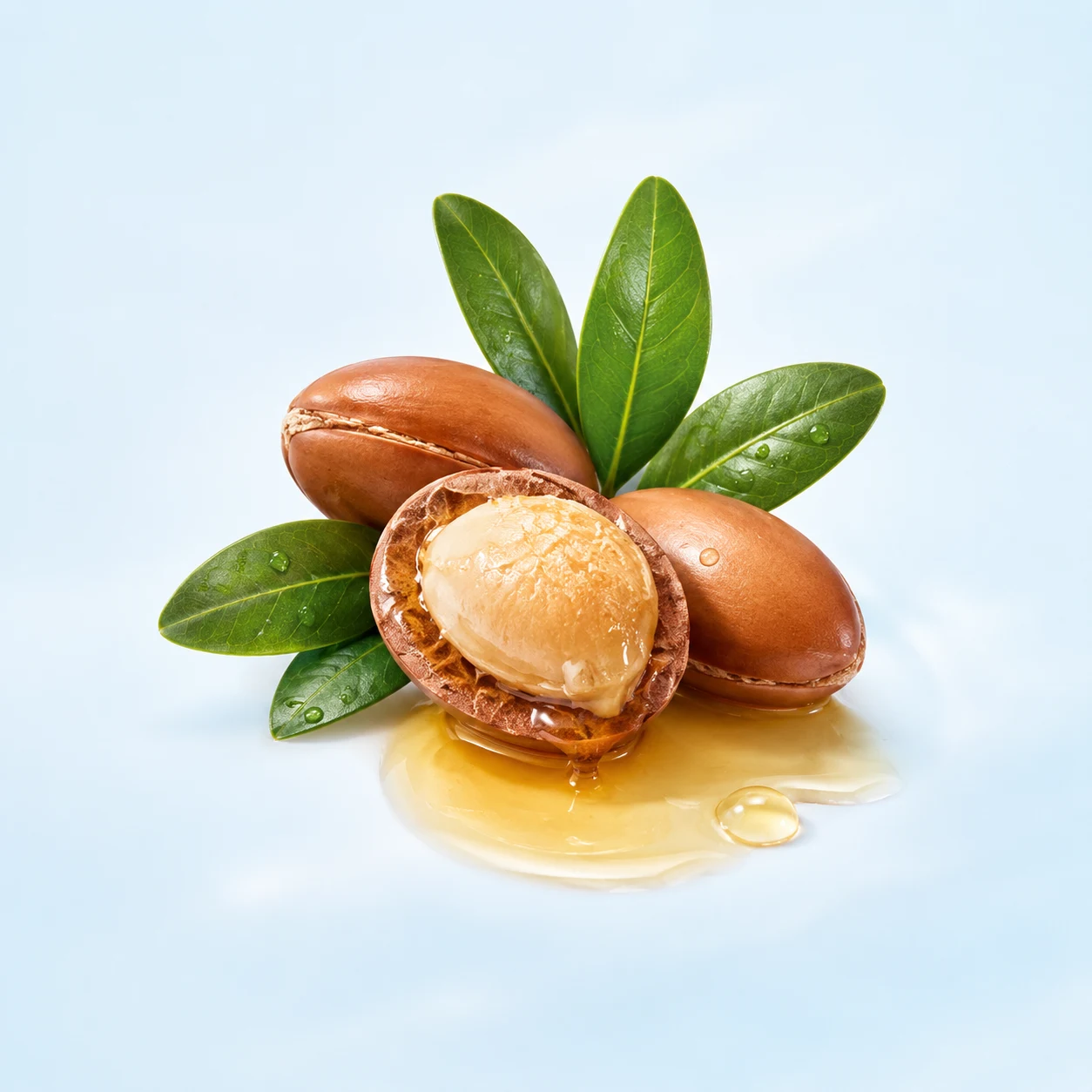 Argan nuts with oil and leaves